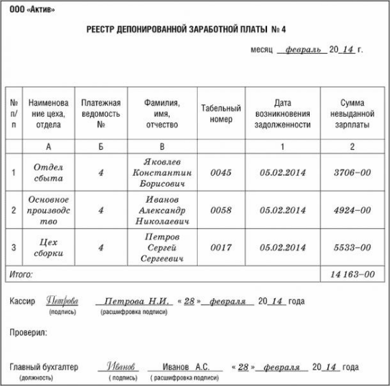 реестр депонированной заработной платы