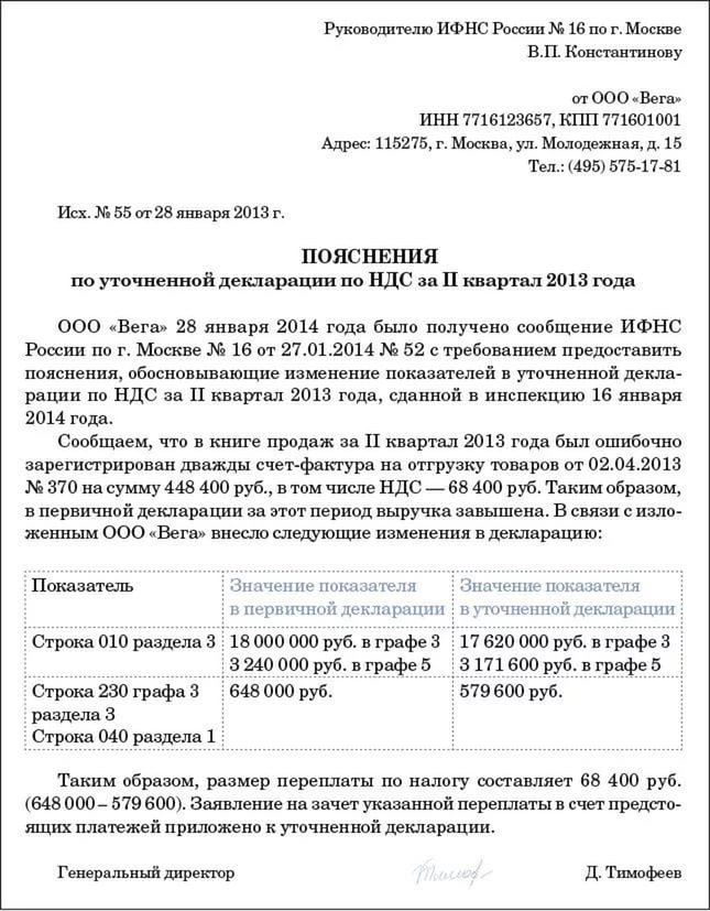 пояснения по уточненной декларации по НДС