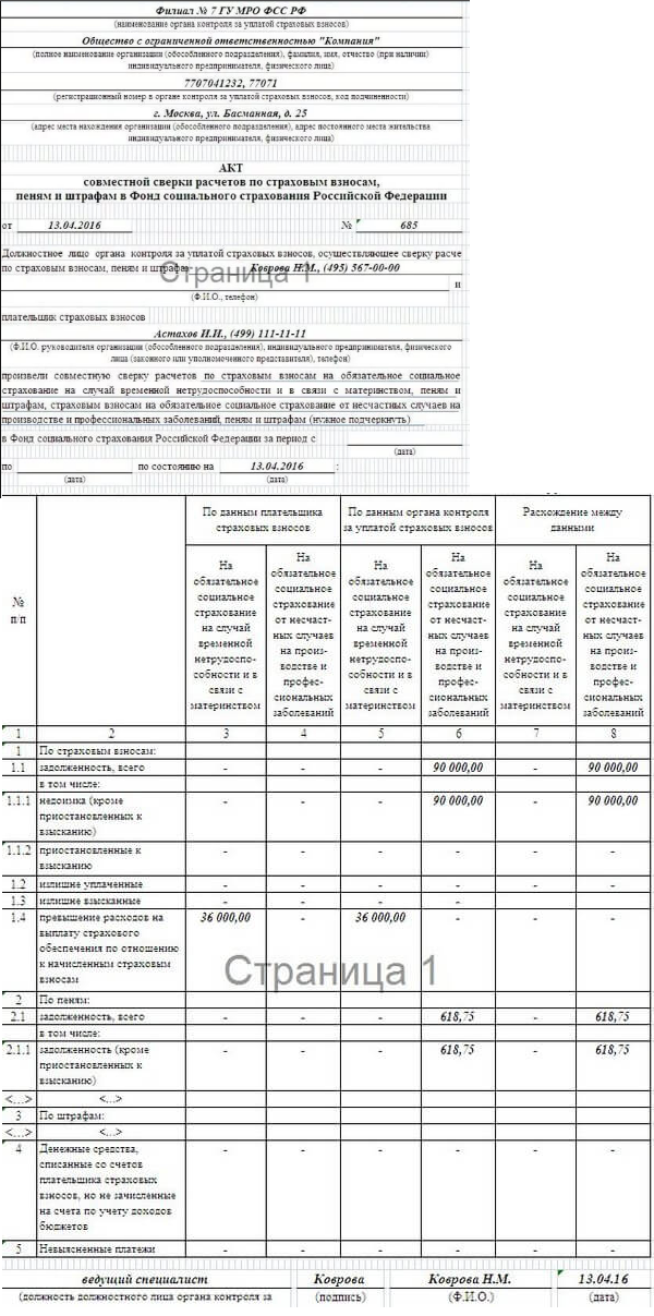 акт сверки с фсс образец