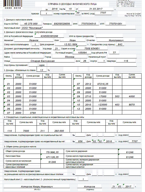 2-НДФЛ. Пример заполнения