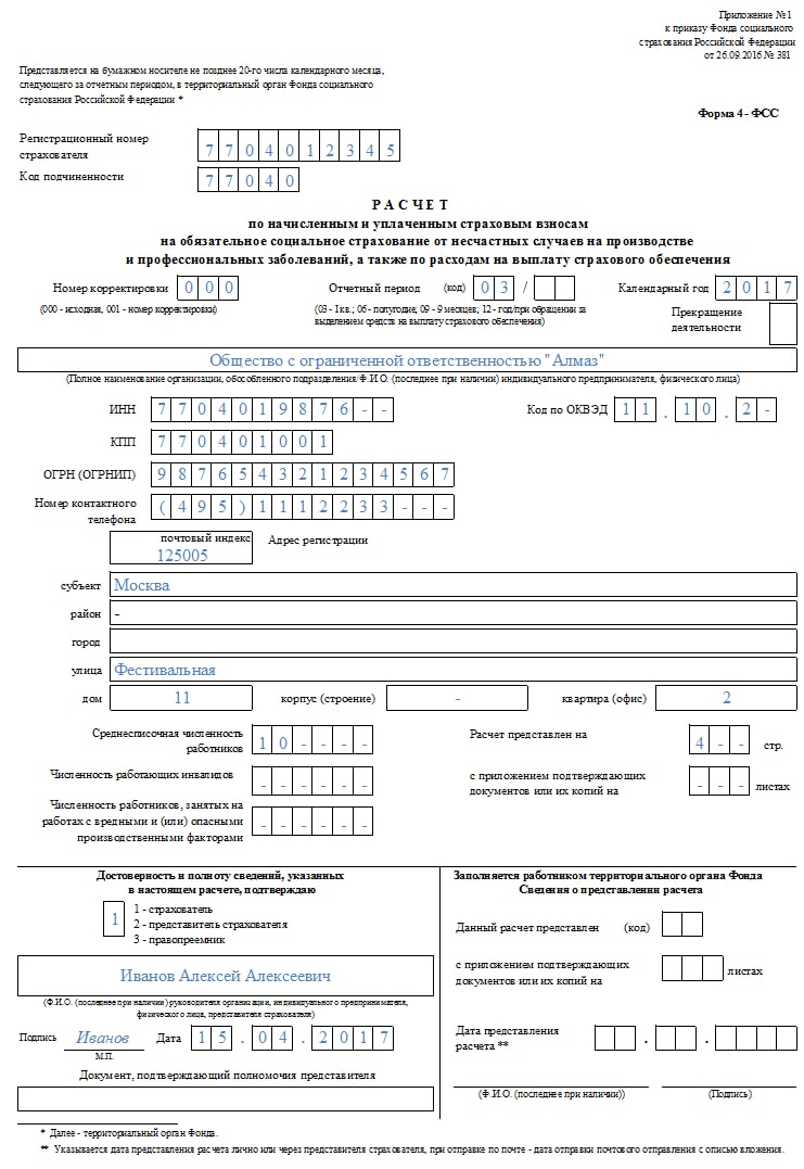 отчет ФСС титульный лист