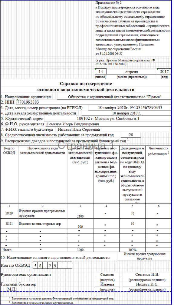 справка подтверждение основного вида экономической деятельности