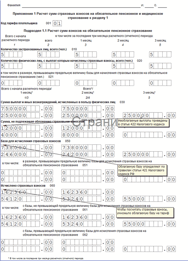 Расчет по страховым взносам. Бланк. Приложение 1