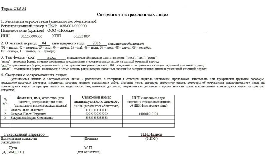 Образец заполнения СЗВ-М