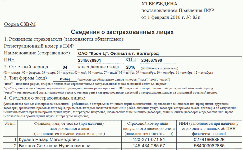 пример заполнения СЗВ-М с сотрудником в декретном отпуске